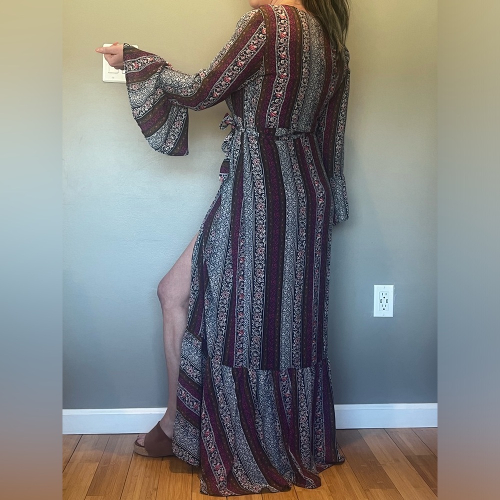 Bohemian floor length bell sleeved wrap dress